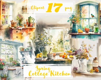 Kitchen clipart, png. Spring Cottage kitchen. Food. Digital watercolor. Free commercial use. Cooking clipart. Cozy home. Rural life.