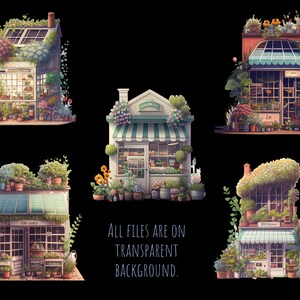 May include: Four illustrated storefront shops with green awnings and overflowing with flowers and plants. Each shop has a unique name: "The Flower Shop", "Le Jardin", "Little Bloom", and "Wild Garden".