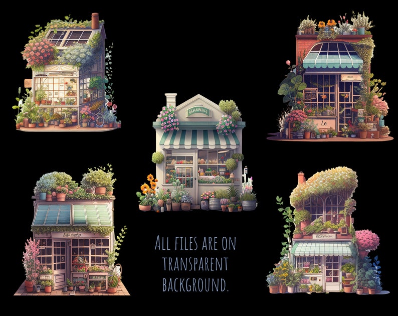 May include: Four illustrated storefront shops with green awnings and overflowing with flowers and plants. Each shop has a unique name: "The Flower Shop", "Le Jardin", "Little Bloom", and "Wild Garden".