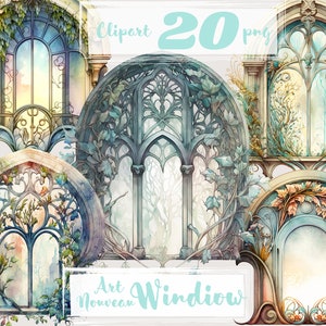 Art Nouveau Window clipart, Spring Windows Clip art, png. Digitale aquarel. Gratis commercieel gebruik, scrapbooking. Bloemen illustratie.