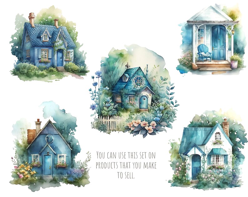 Blue Cottage Clipart, House, Garden, Png. Digital Watercolor. Free ...