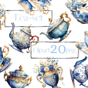 Blue Tea Time clipart, tea set clip art, Vintage Teacup Clipart, Antique Tea, png. Digital watercolor. Free commercial use. Scrapbooking.