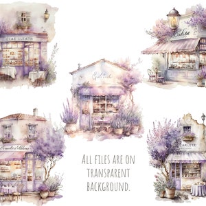 May include: Five watercolor illustrations of charming French-style shops with lavender bushes and floral accents. Each shop has a unique name and awning, and features a table and chairs outside. The shops are painted in soft pastel colors with a vintage aesthetic.