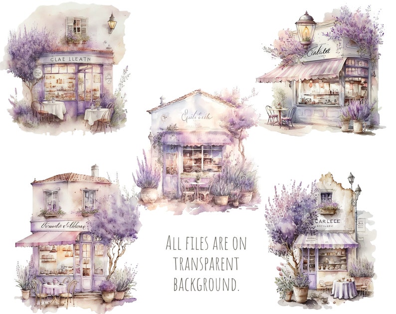 May include: Five watercolor illustrations of charming French-style shops with lavender bushes and floral accents. Each shop has a unique name and awning, and features a table and chairs outside. The shops are painted in soft pastel colors with a vintage aesthetic.