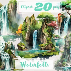 Waterfall clipart, png. Digital watercolor. Free commercial use. Summer misty mountains landscape. Trees Greenery Foggy Backgrounds. Blue.