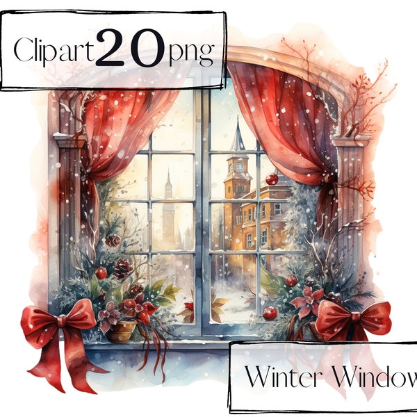 Fensterclipart, Winterfensterclipart, Weihnachtscliparts, Junk Journal, png. Digitales Aquarell. Kostenlose kommerzielle Nutzung, Scrapbooking.