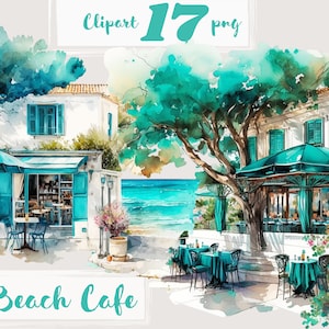 Clipart della caffetteria sulla spiaggia, clipart del caffè, png. Acquerello digitale. Uso commerciale gratuito, scrapbooking. Illustrazione romantica del caffè della Grecia.