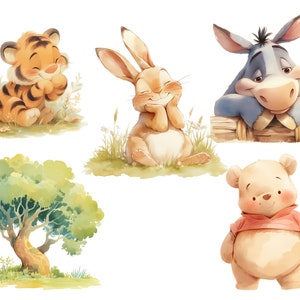 May include: A set of five illustrations featuring Winnie the Pooh characters. The characters include a tiger, a rabbit, a donkey, a bear, and a tree. The illustrations are done in a watercolor style and have a whimsical feel.