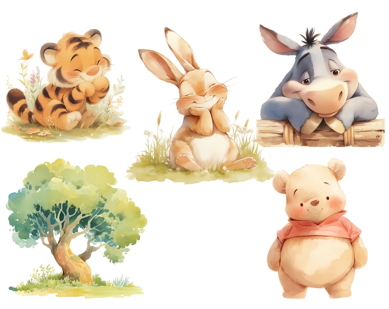 May include: A set of five illustrations featuring Winnie the Pooh characters. The characters include a tiger, a rabbit, a donkey, a bear, and a tree. The illustrations are done in a watercolor style and have a whimsical feel.