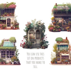 May include: Five illustrated storefront buildings with green vines and flowers. Each building has a unique design and features a variety of plants and flowers. The text "You can use this set on products that you make to sell." is below the buildings.