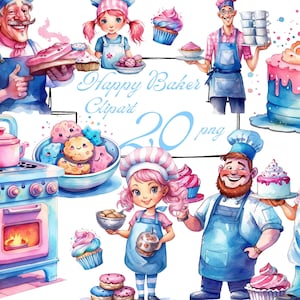 Happy baker clipart, bakery clipart, cake clipart, sweet nursery, birthday, png, commercial use. Digital watercolor. Scrapbook, Junk Journal