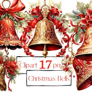Clipart de sino de Natal vermelho. Clipart ornamental. Clipart de Natal. Clipart de inverno. Flores vermelhas. PNG. Aquarela digital. Uso comercial gratuito