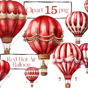 Rode hete luchtballon clipart. Vintage clipart, retro illustraties, kerst clipart, png. Plakboeken. Digitale aquarel. Gratis commercieel gebruik