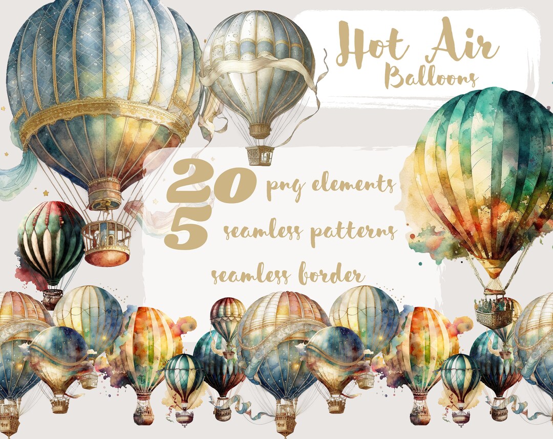 Vintage Hot Air Balloon Clipart, Digital Watercolor PNG (digital ...