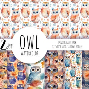 Papier numérique de hiboux, modèle sans couture, motif de hibou, clipart d'oiseaux mignons, papier numérique de sorcière. Papier numérique aquarelle Utilisation commerciale gratuite