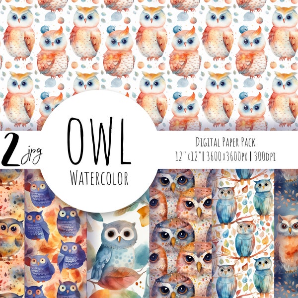 Owls Digital Paper, seamless pattern, owl pattern, cute birds clipart, witch digital paper. Watercolor digital paper Free commercial use