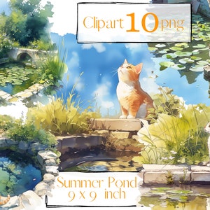 Clipart dello stagno. Clipart del lago. Clipart da giardino, PNG, trasparente. Gatto, riposo estivo, loto. scrapbooking, acquerello digitale Uso commerciale gratuito