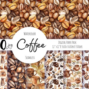 May include: A digital paper pack with 10 seamless watercolor patterns featuring coffee beans, coffee cups, and coffee pots. The patterns are 12" x 12" and 3600 x 3600 pixels at 300 DPI.