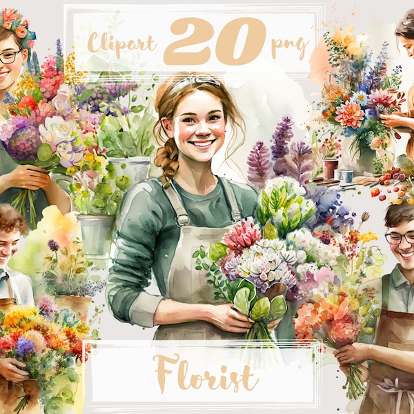 Florist clipart. Flowers Market Clipart Watercolor, png. Digital watercolor. Free commercial use, scrapbooking. Romantic french floral shop.
