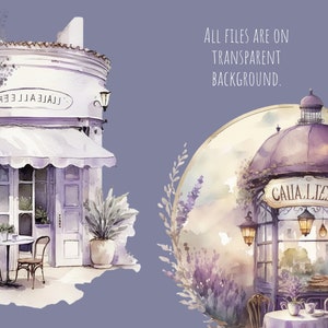 May include: Watercolor illustration of a purple cafe with a sign that reads "Caia.Lizea" and a lavender bush in front. The cafe is surrounded by a circle of lavender bushes and a watercolor background.