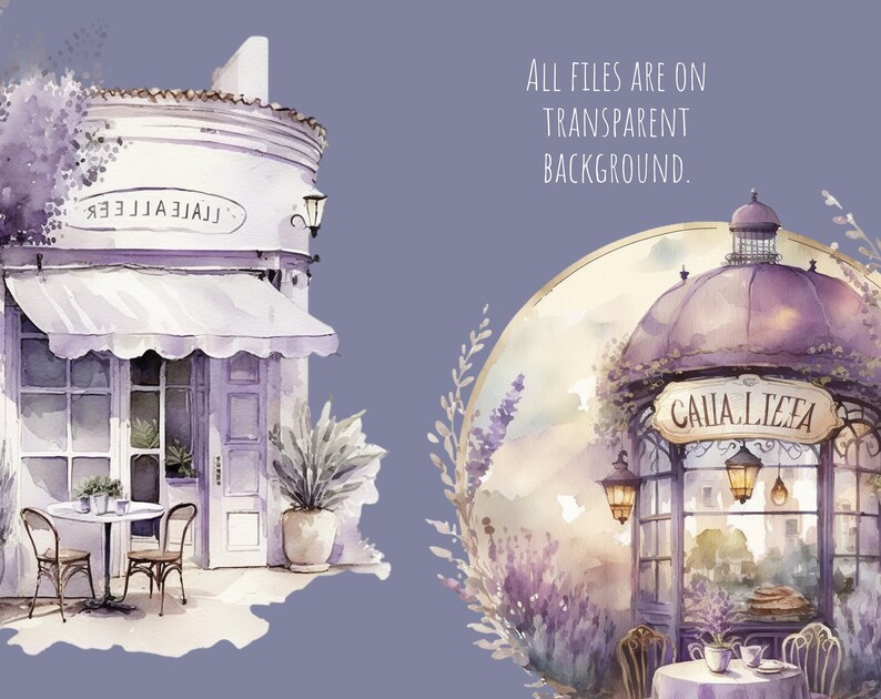 May include: Watercolor illustration of a purple cafe with a sign that reads "Caia.Lizea" and a lavender bush in front. The cafe is surrounded by a circle of lavender bushes and a watercolor background.
