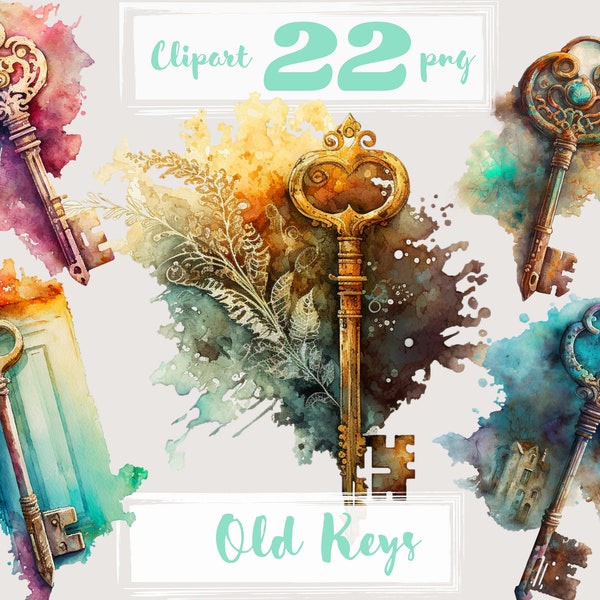 Key clipart. Vintage clipart, retro clip art, boho. Old key, png. Antique keys. Scrapbooking. Digital watercolor. Free commercial use.