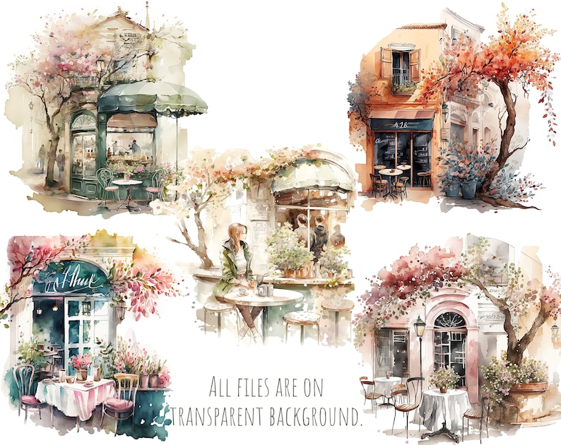 Spring Coffee shop clipart, cafe clip art, png. Digital watercolor. Free commercial use, scrapbooking. Romantic french cafe illustration. image 3