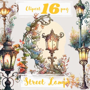 Straatlantaarn clipart. Vintage clipart, retro illustraties, boho, bloemen, png. Jugendstil-scrapbooking. Digitale aquarel. Gratis commercieel gebruik.