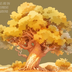 May include: A large, golden-brown tree with thick branches and a gnarled trunk. The tree is set against a muted green background.