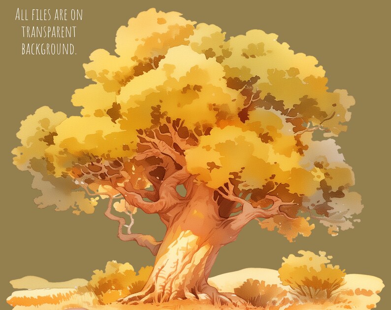 May include: A large, golden-brown tree with thick branches and a gnarled trunk. The tree is set against a muted green background.