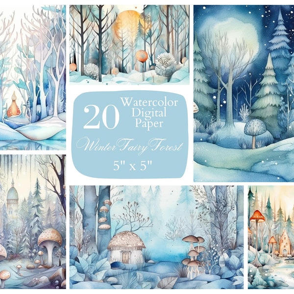 Papier numérique Winter Fairy Forest, bois d'hiver, motif. Papier numérique aquarelle. Utilisation commerciale gratuite. Scrapbook, Junk Journal Paper Crafts