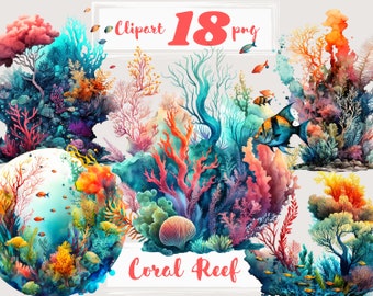 Coral Reef Clipart, Watercolor Sea Life, Fish PNG (Digital Download)