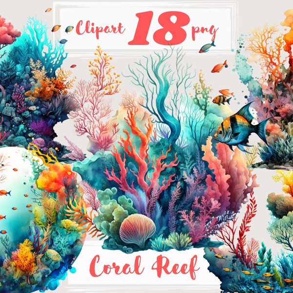 Coral reef Clipart, Nautical Clipart. Ocean clipart. Sea clip art, png. Sealife, fish, underwater. Digital watercolor. Free commercial use.