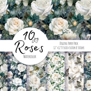 Papier de roses blanches, papier numérique floral, motif sans couture, motif de fleurs. Clipart fleuri. Papier numérique aquarelle Utilisation commerciale gratuite