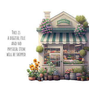 May include: A white building with a green awning and a sign that says "FLOWER POWER". The building has a window with flowers and plants inside. There are flowers and plants in pots outside the building.
