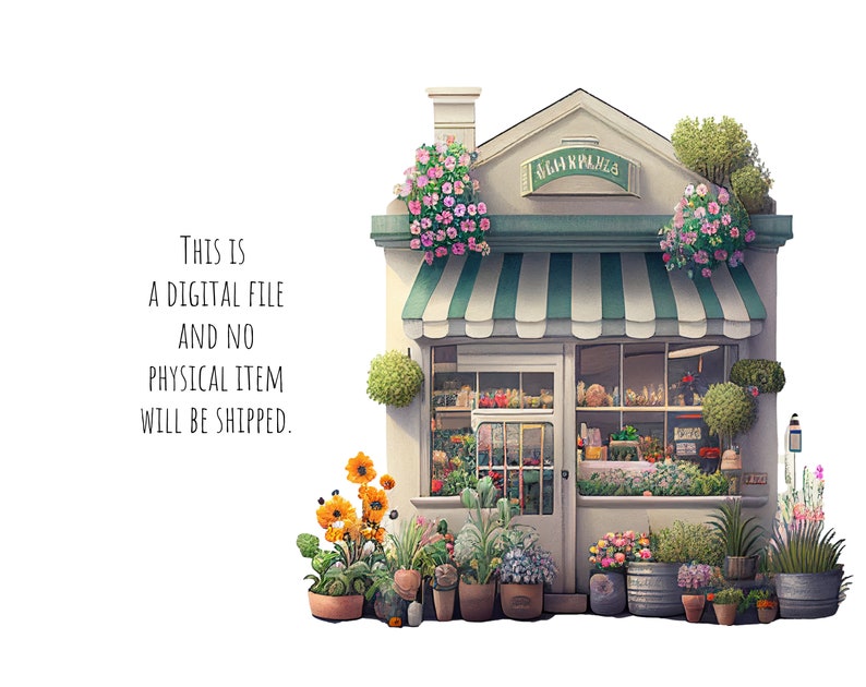 May include: A white building with a green awning and a sign that says "FLOWER POWER". The building has a window with flowers and plants inside. There are flowers and plants in pots outside the building.