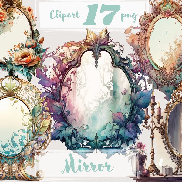 Mirror clipart. Vintage clipart, retro clip art, boho. Looking-glass png. Antique. Scrapbooking. Digital watercolor. Free commercial use.