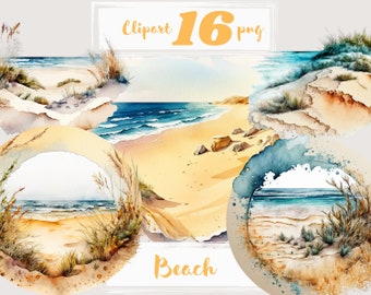 Beach clipart.  Sea clipart, seaside clip art, seashore clipart, waves, summer, png. Digital watercolor. Free commercial use, scrapbooking.