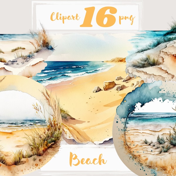 Beach clipart.  Sea clipart, seaside clip art, seashore clipart, waves, summer, png. Digital watercolor. Free commercial use, scrapbooking.