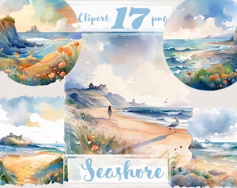 Beach clipart.  Sea clipart, seaside clip art, seashore clipart, waves, summer, png. Digital watercolor. Free commercial use, scrapbooking.