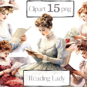 Vintage Lady Clipart, lesen Clipart, viktorianische Clipart, Buch Clipart, alte Bücher. Scrapbooking. Digitales Aquarell png. Kostenlose kommerzielle Nutzung