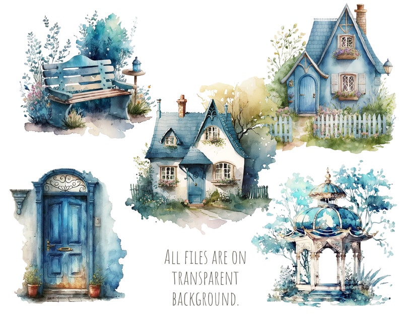Blue Cottage Clipart, House, Garden, Png. Digital Watercolor. Free ...