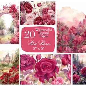 Rode rozentuin digitaal papier, roos clipart. Waterverf scrapbook papier voor gratis commercieel gebruik. Junk Journal, Paper Crafts, direct downloaden