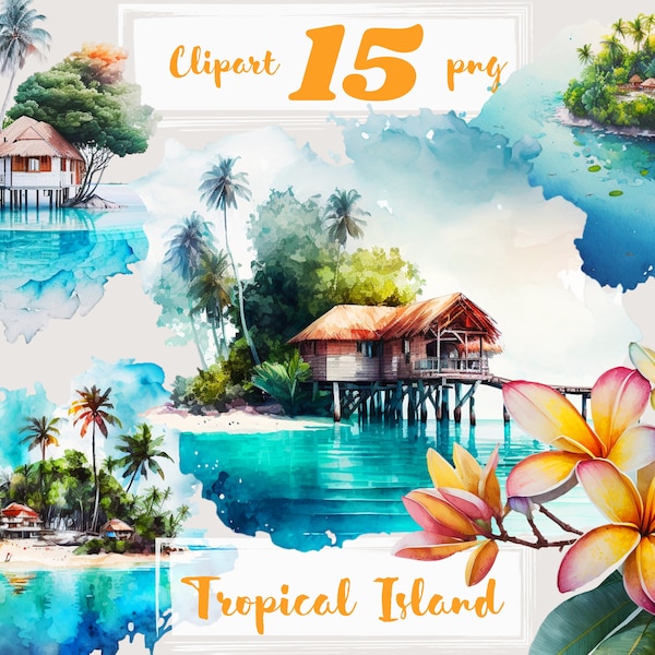 Tropical Island clipart. Sea clipart, Maldives clip art,  PNG. Beach, summer rest, holiday, resort. Digital watercolor. Free commercial use.