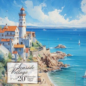Strand digitaal papier, zeedorpslandschap. Aquarel plakboekpapier voor gratis commercieel gebruik. Ongewenste Journal, papier ambachten, direct downloaden