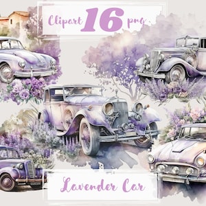 Lavendel Retro auto's clipart, bruiloft clipart, oude auto clip art, png. Digitale aquarel. Gratis commercieel gebruik, scrapbooking. Reis.