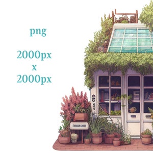 May include: A white building with a glass roof and green plants growing on it. The building has a storefront with windows and a door. There are potted plants in front of the building.