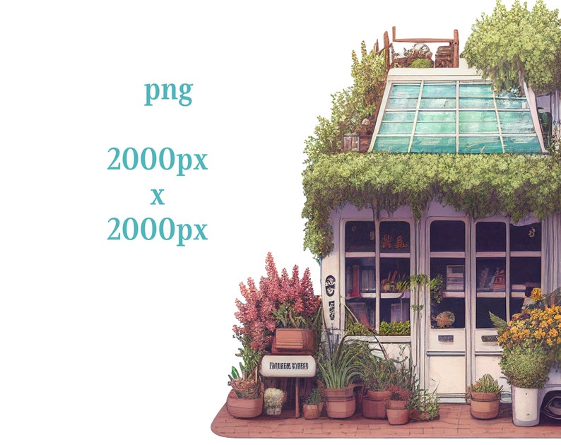 May include: A white building with a glass roof and green plants growing on it. The building has a storefront with windows and a door. There are potted plants in front of the building.