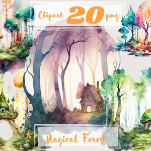 Fairy forest clipart, png. Digital watercolor. Free commercial use. Summer, magical forest, magic landscape, elf. Wonderland, fairyland.