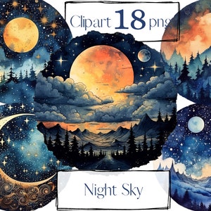 Nachtelijke hemel clipart, sterren clipart, hemelse clipart, maan clipart. Scrapbooking-png. Digitale aquarel Gratis commercieel gebruik. Junk Journal
